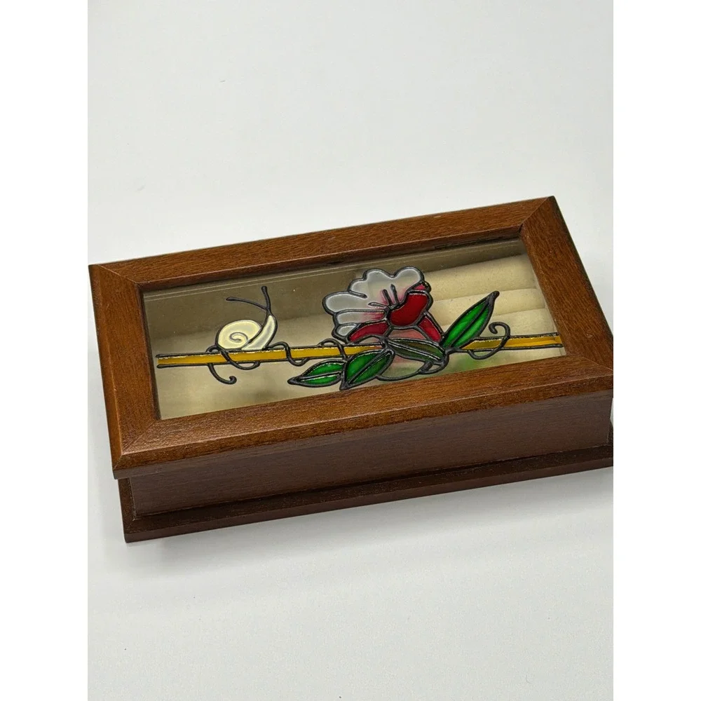 Kellerman Jewel Chest Wooden Hinged Lid Stained Glass Snail‎ Flower Art 0774